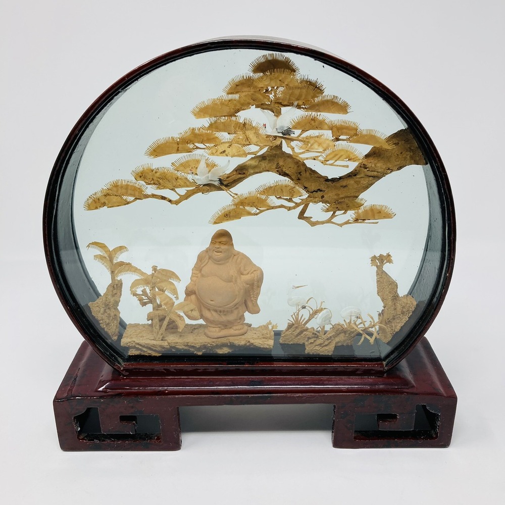 Vintage Asian hand Carved Stork Scene in Round‎ Glass Display Shadow Box 9" Tall